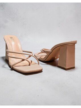 Strappy Nude Block Heel Sandals For Women Square Toe Slip-On Design